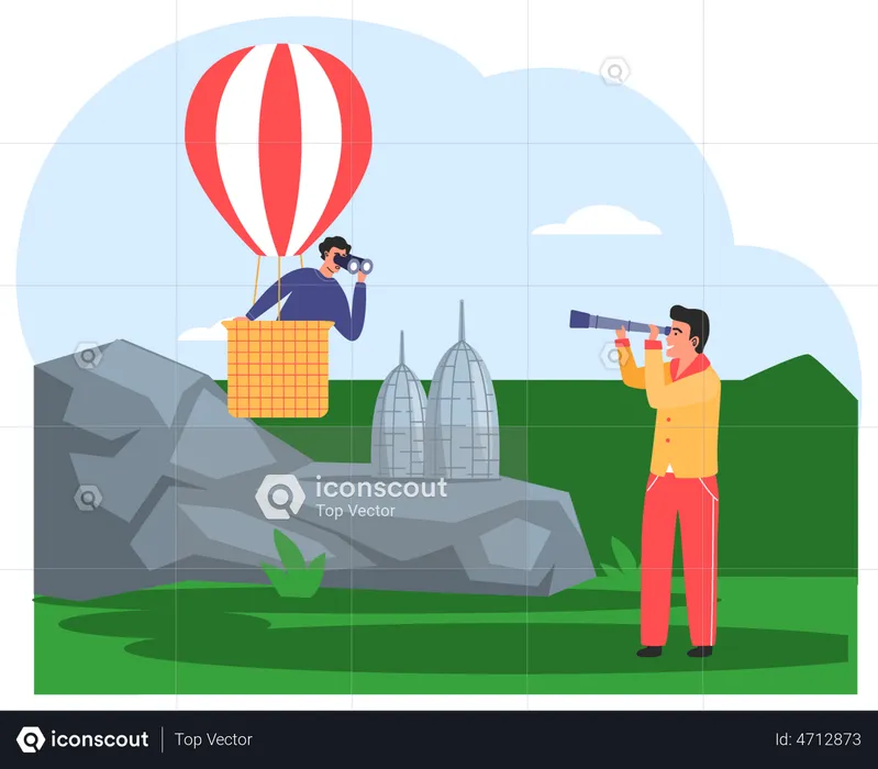 Man in hot air balloon looks through binocular in South Korea  Illustration