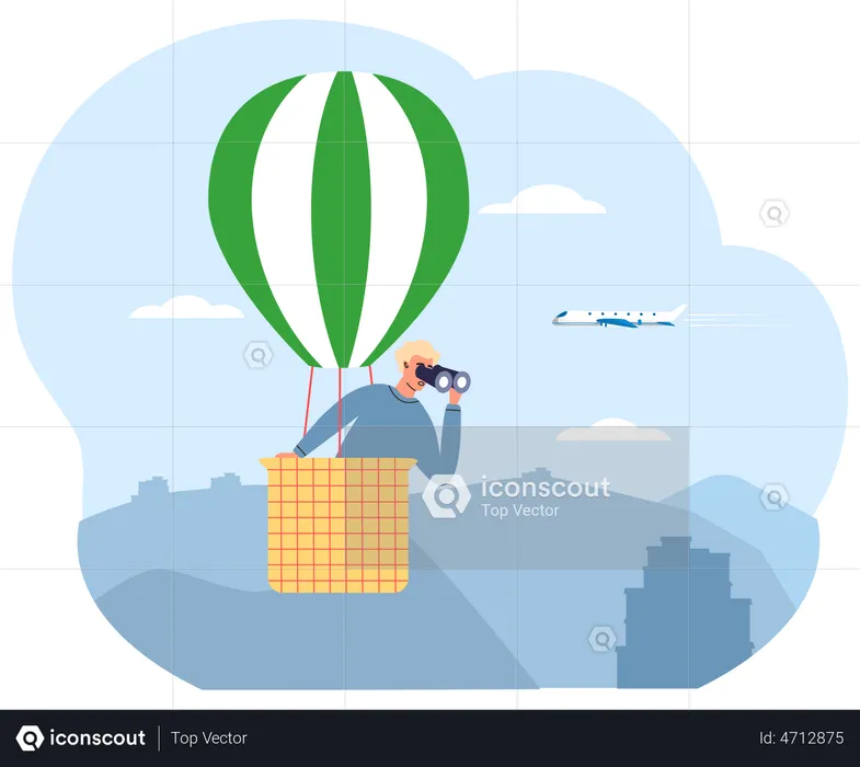 Man in hot air balloon looks through binocular in South Korea  Illustration