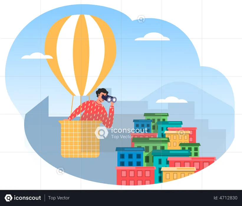 Man in hot air balloon looks through binoculars  Illustration