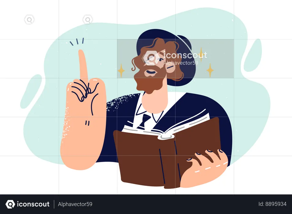 Man in jewish national clothing and hat holds torah book and points finger upward  Illustration