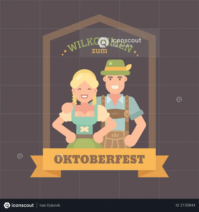 Man in lederhosen and girl in dirndl dress  Illustration