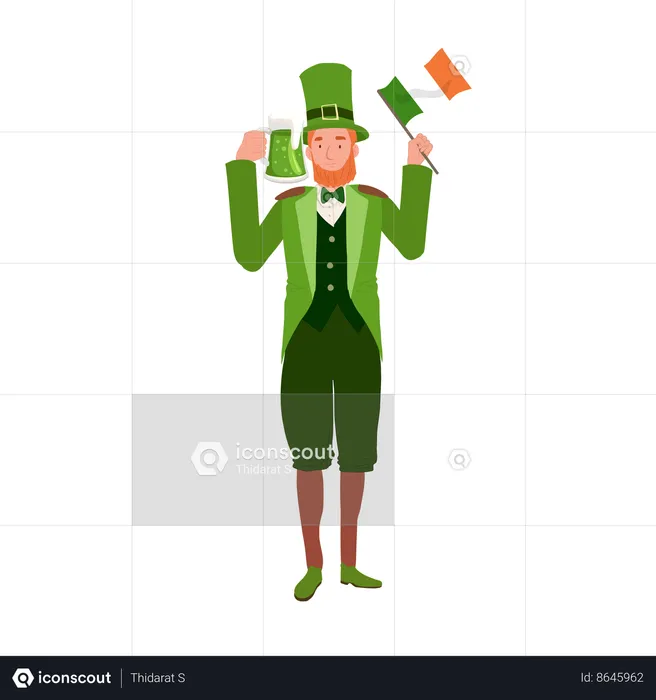 Man in Leprechaun Costume Holding Beer Mug and flag  Illustration