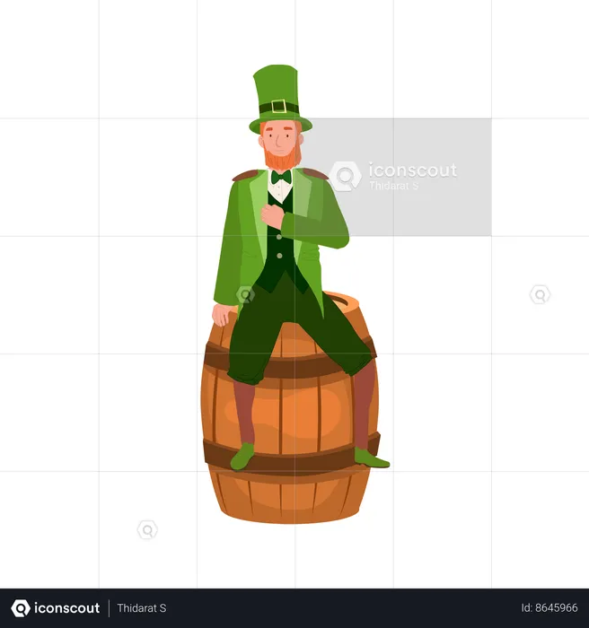 Man in Leprechaun Costume sitting on oak barrel  Illustration