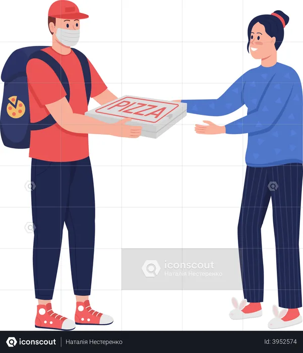 Man in mask delivering pizza  Illustration