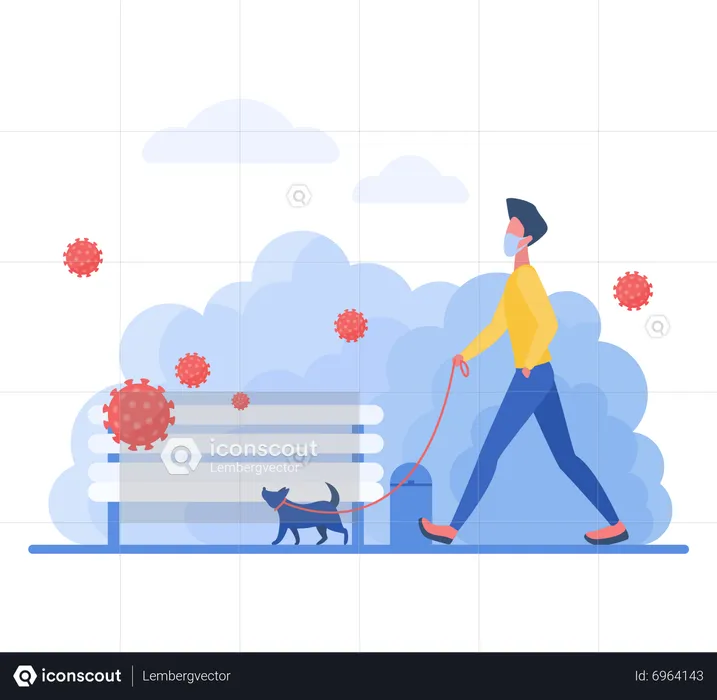 Man in mask walking with dog  Illustration