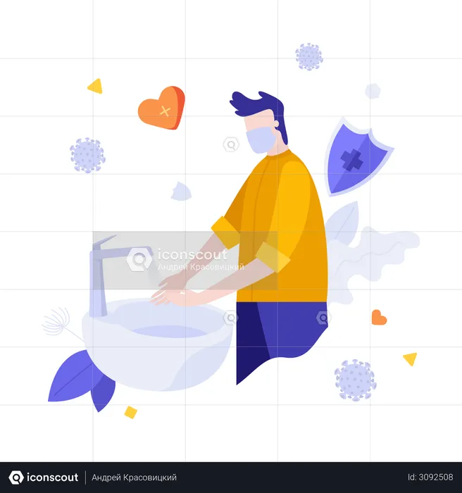 Man in medical mask standing at sink and washing hands  Illustration