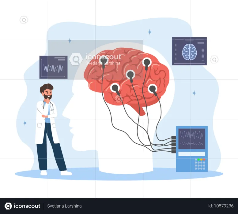 의료복을 입은 남자가 인간의 뇌를 검사하고 있다  일러스트레이션