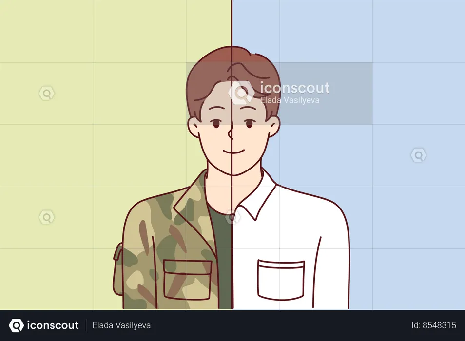 Man in military and office clothes symbolizes dismissal from army  Illustration