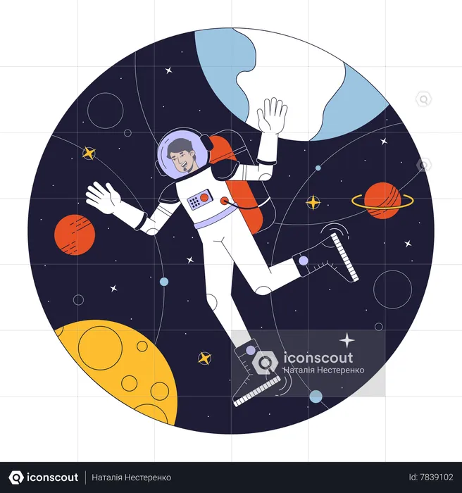 Man in space suit among planets  Illustration