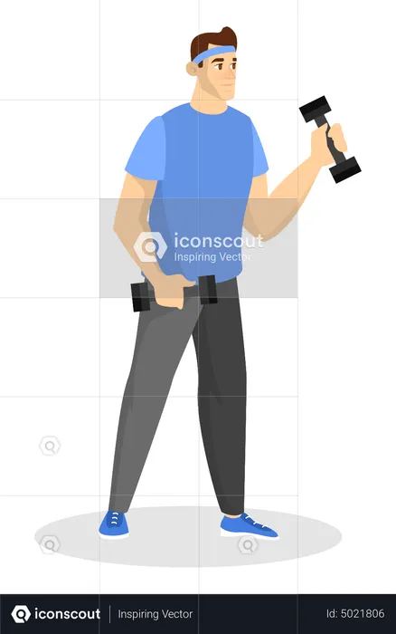 Man in sport clothes standing and holding dumbbell  Illustration