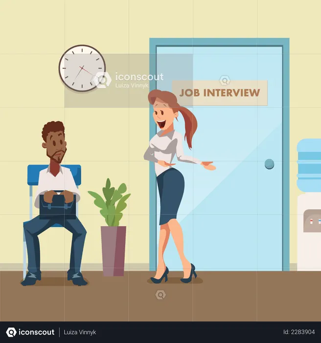 Man in Suit Wait for Job Interview at Door in Corridor  Illustration