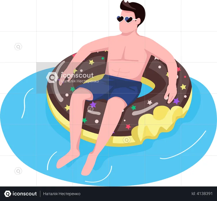 Man in sunglasses in donut air mattress  Illustration