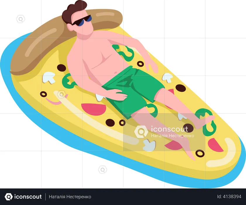 Man in sunglasses in pizza air mattress  Illustration