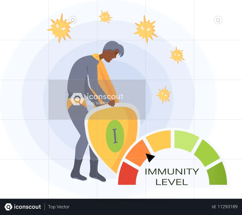 Man in super man costume and circular spectrum of level of health  Illustration