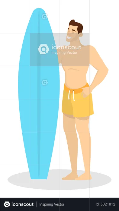 Man in the swimming suit standing and holding surfing board  Illustration