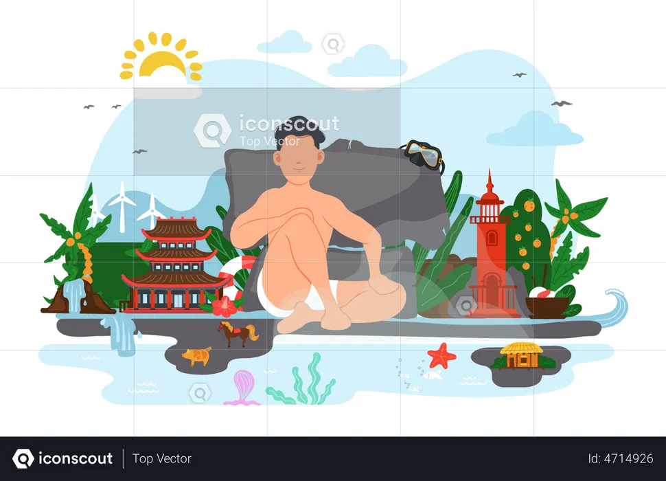 Man in underpants is having rest on exotic beach of Jeju island  Illustration