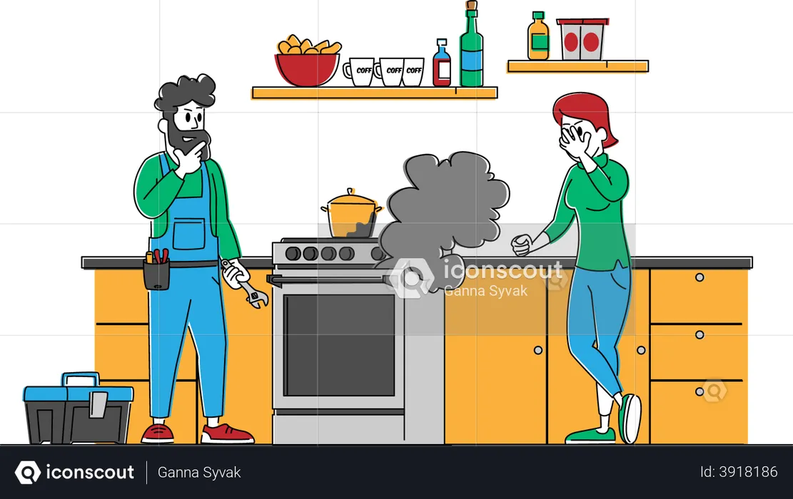Man in Uniform Holding Wrench for Fixing Broken Oven to Customer  Illustration