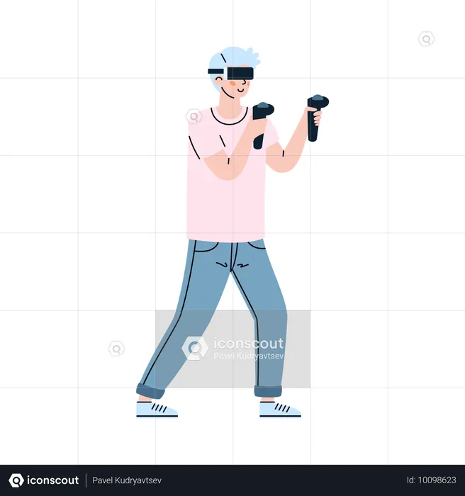 Man in VR glasses holding game controllers  Illustration