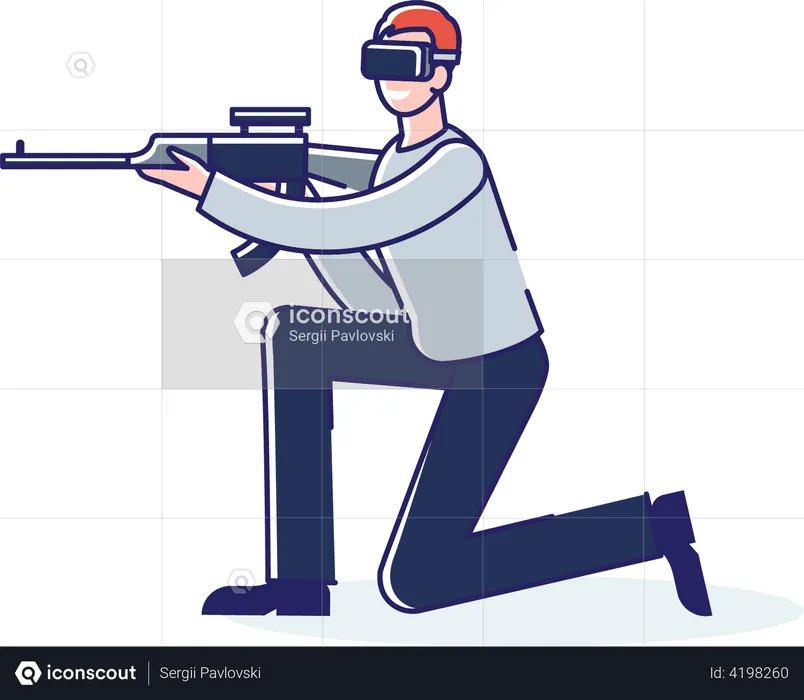 Man in vr glasses shoot from gun in augmented reality game. Virtual reality technology for gaming  Illustration