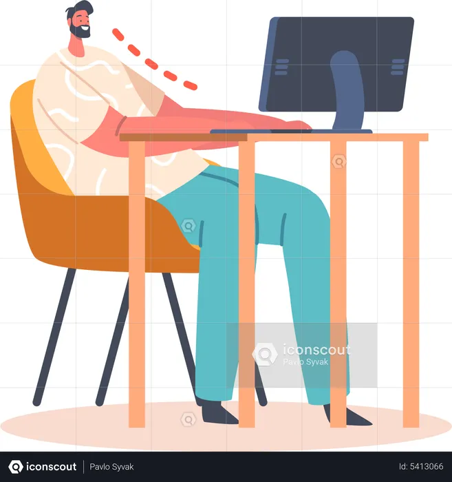 Man in Wrong Sitting Position during Working at Computer  Illustration