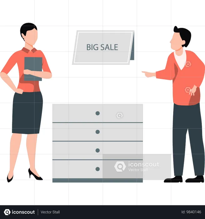 Man informing girl about big sale  Illustration