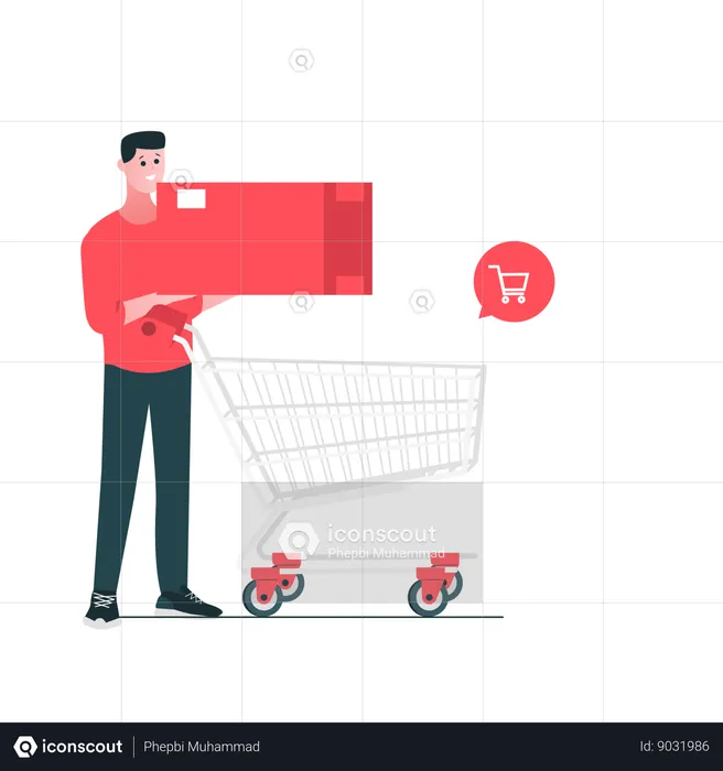 Man insert goods shopping trolley  Illustration