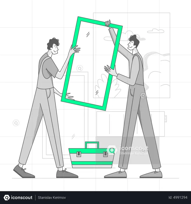 Man installing a window in a new house  Illustration