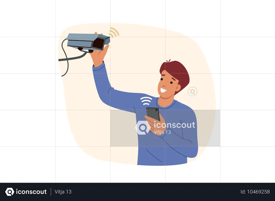 Man installs security camera on wall and uses mobile phone with wifi to monitor cctv equipment  Illustration