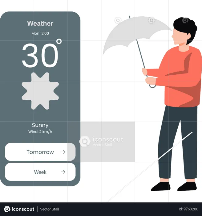 Man instructing use of umbrella to avoid sunny weather  Illustration