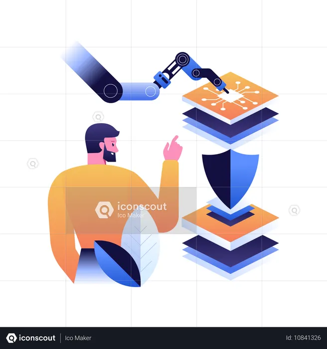 Man interacts with robotic arm assembling layers of digital security  Illustration