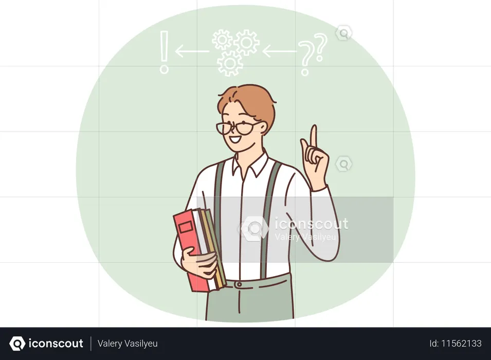 Man inventor invented solution to problem points finger at gears with question and exclamation marks  Illustration