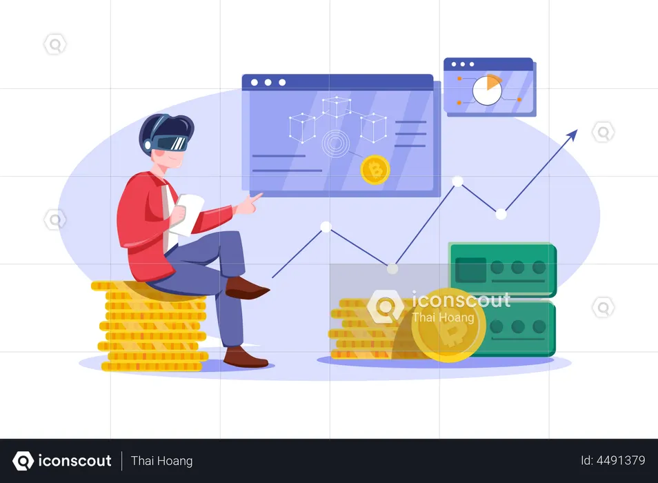 Man investing in crypto through Virtual technology  Illustration