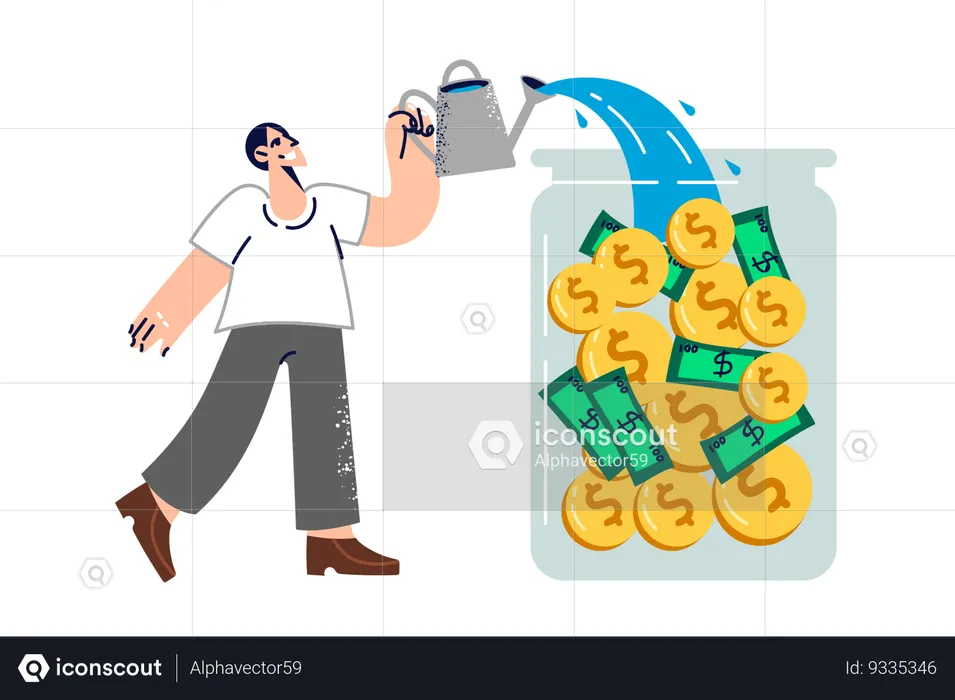 Man investor pours money and coins in jar  Illustration