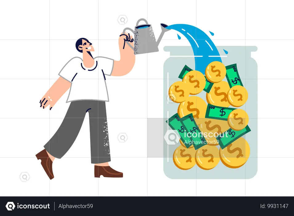 Man investor pours money and coins into inside bank, wanting to receive dividends and capital gains  Illustration