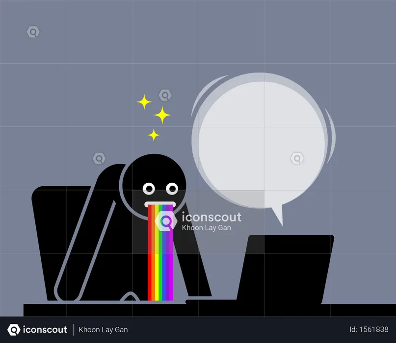 Man is amazed and puking out rainbow saliva by the content he sees from his computer screen  Illustration