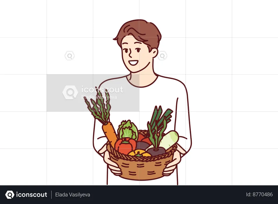 Man is carrying basket of raw vegetables  Illustration