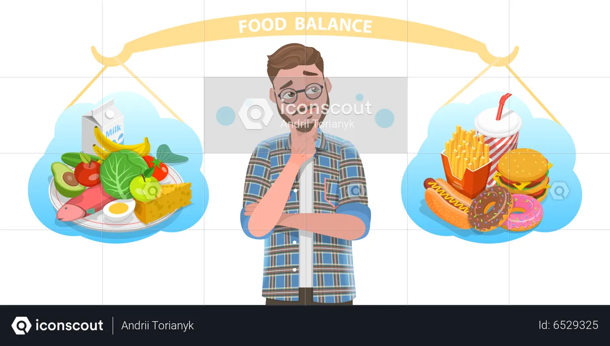 Man is Choosing Between Healthy and Unhealthy Food  Illustration