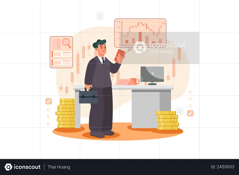 Man is consulting the stock market before going to work  Illustration