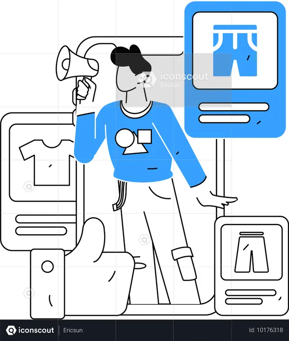 男性が買い物のアナウンスをしている  イラスト