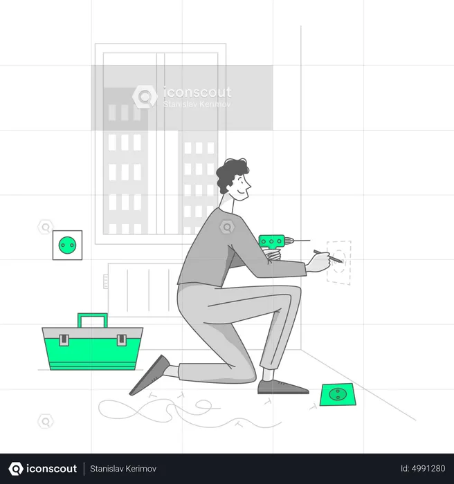 Man is drilling a hole for a socket  Illustration