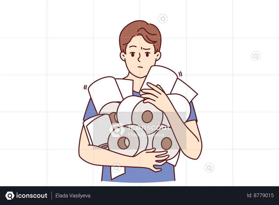 Man is holding pile of toilet paper in hands  Illustration