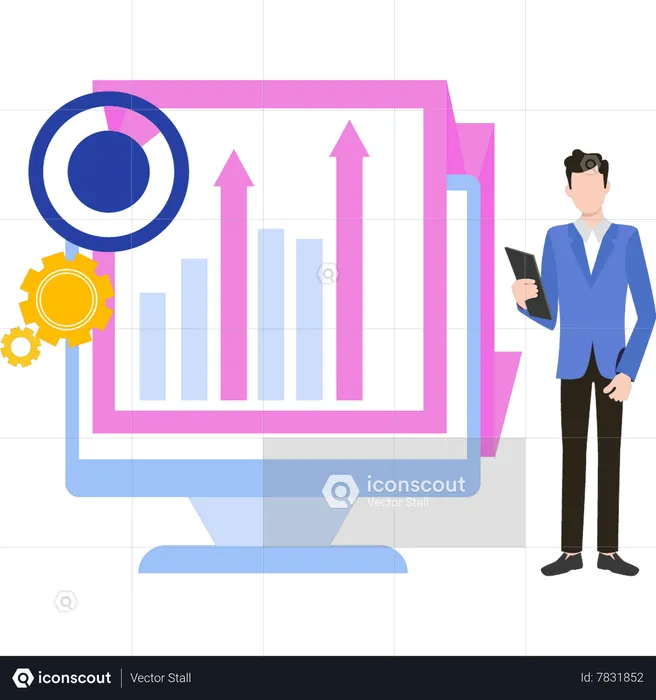 Man is looking at a graph on a monitor  Illustration