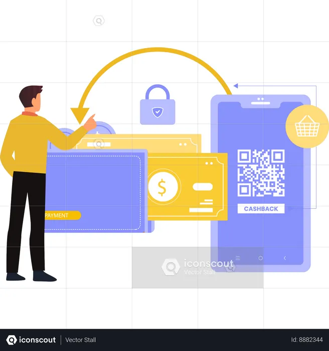 Man is pointing towards the cashback payment  Illustration
