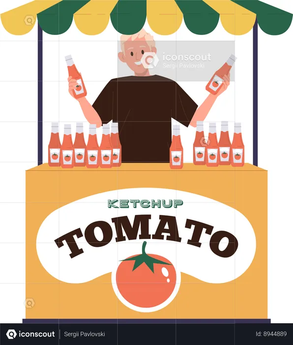 Man is selling tomato ketchup at stall  Illustration