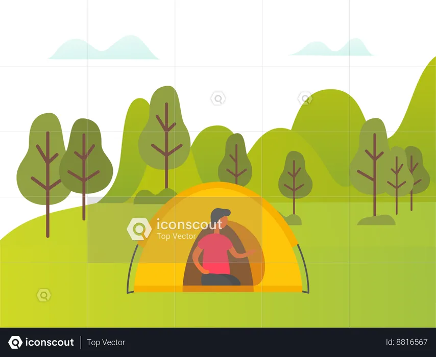 Man is setting up tent in forest  Illustration