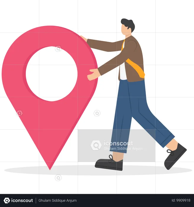 Man is standing close to a big map pointer  Illustration