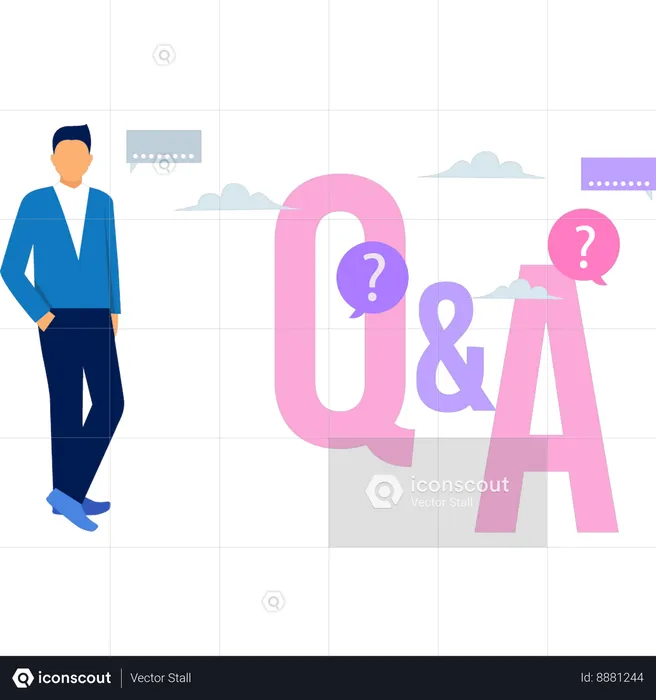 Man is standing near question and answer  Illustration