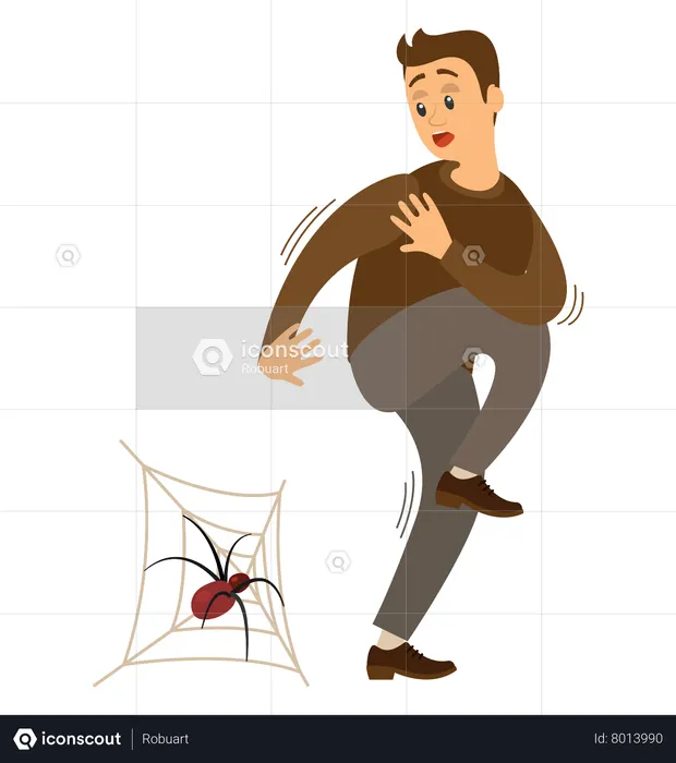 Man is suffering from fear of big spiders  Illustration