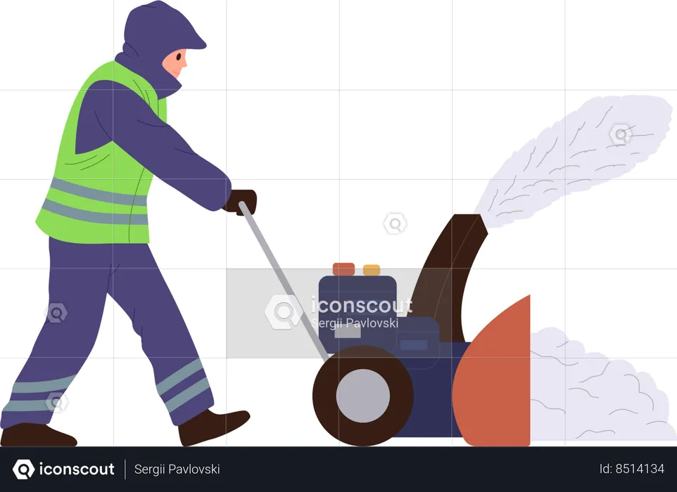 Man janitor in uniform using automatic snow blowler machine for cleaning street  Illustration