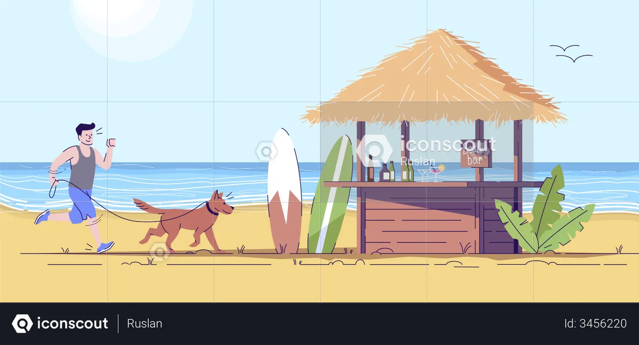 Man jogging at seaside with his dog  Illustration